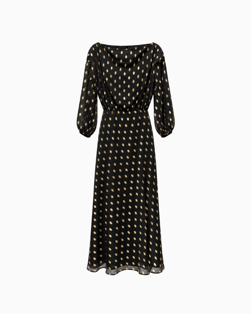 Never Fully Dressed Olive Dress in black and gold front view with draped neckline
