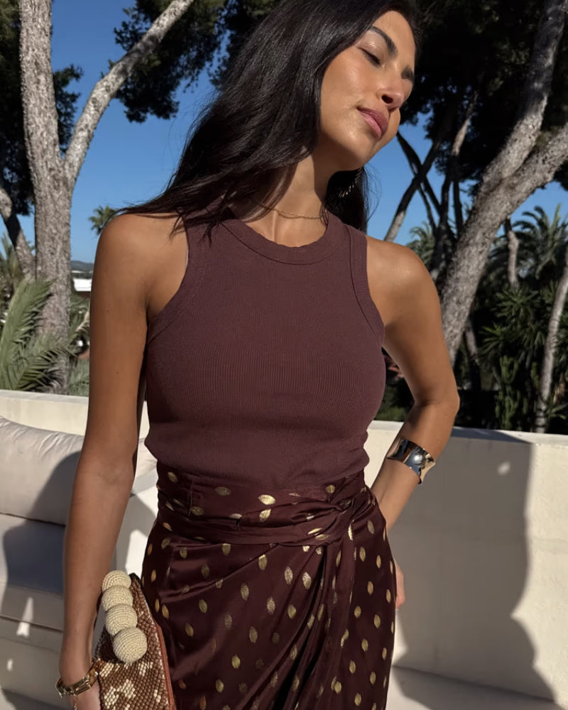 Never Fully Dressed Ribbed Tank in Brown fabric detail