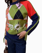 Never Fully Dressed Splice Bonita Jumper in Multi close-up of argyle and tile knit patterns