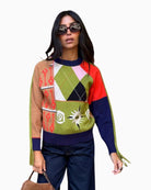 Never Fully Dressed Splice Bonita Jumper in Multi front view showing contrasting argyle and tile patterns