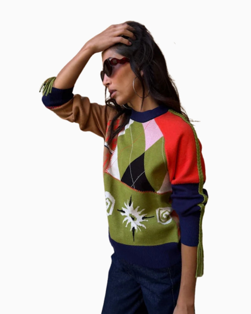 Never Fully Dressed Splice Bonita Jumper in Multi side view with fringe sleeve detailing