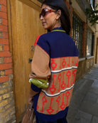 Never Fully Dressed Splice Martha Cardigan in Multi back view showing contrasting colour blocks and prints