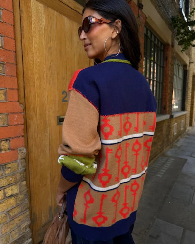 Never Fully Dressed Splice Martha Cardigan in Multi back view showing contrasting colour blocks and prints