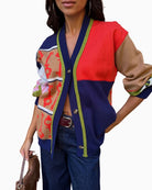 Never Fully Dressed Splice Martha Cardigan in Multi close-up of decorative contrast stitching and patchwork knit