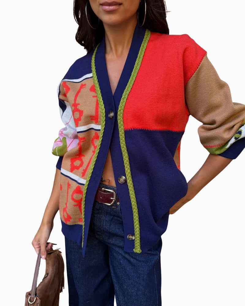 Never Fully Dressed Splice Martha Cardigan in Multi close-up of decorative contrast stitching and patchwork knit