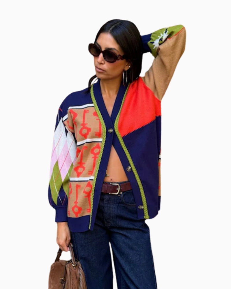 Never Fully Dressed Splice Martha Cardigan in Multi front view showing colourful patchwork panels and button fastening