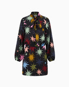 Never Fully Dressed Star Lily Mini Dress in black front view with multicoloured starburst print