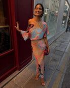 Never Fully Dressed Tilly Paisley Print Dress in multi cold-shoulder neckline detail