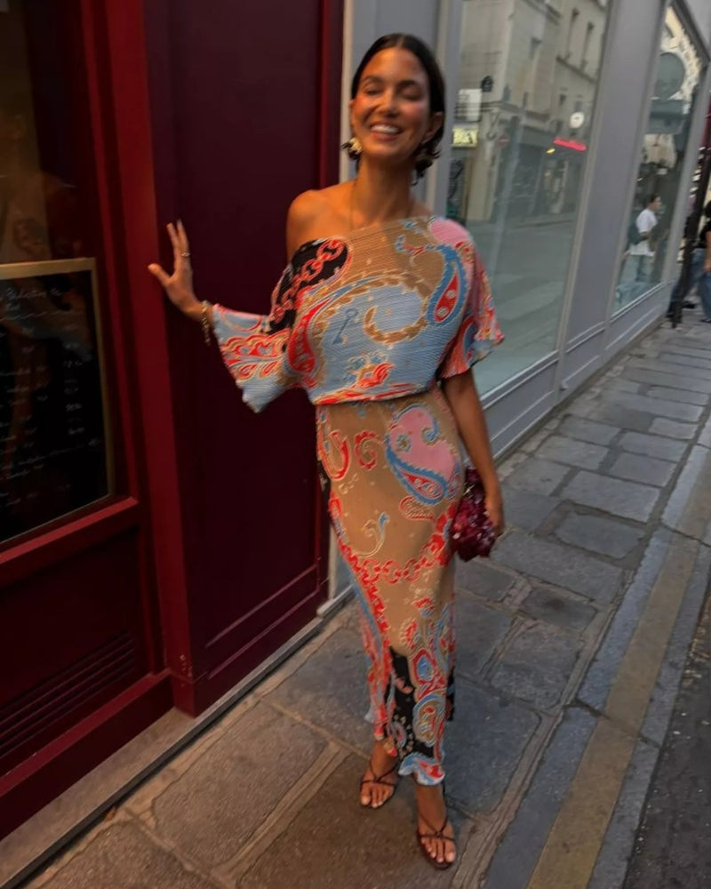 Never Fully Dressed Tilly Paisley Print Dress in multi cold-shoulder neckline detail