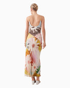 Never Fully Dressed Valeria Satin Cami Maxi Dress in pastel soleil print back view