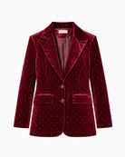 Never Fully Dressed Velvet Blazer in Burgundy front view showing gold-tone studs, lapels and button fastening