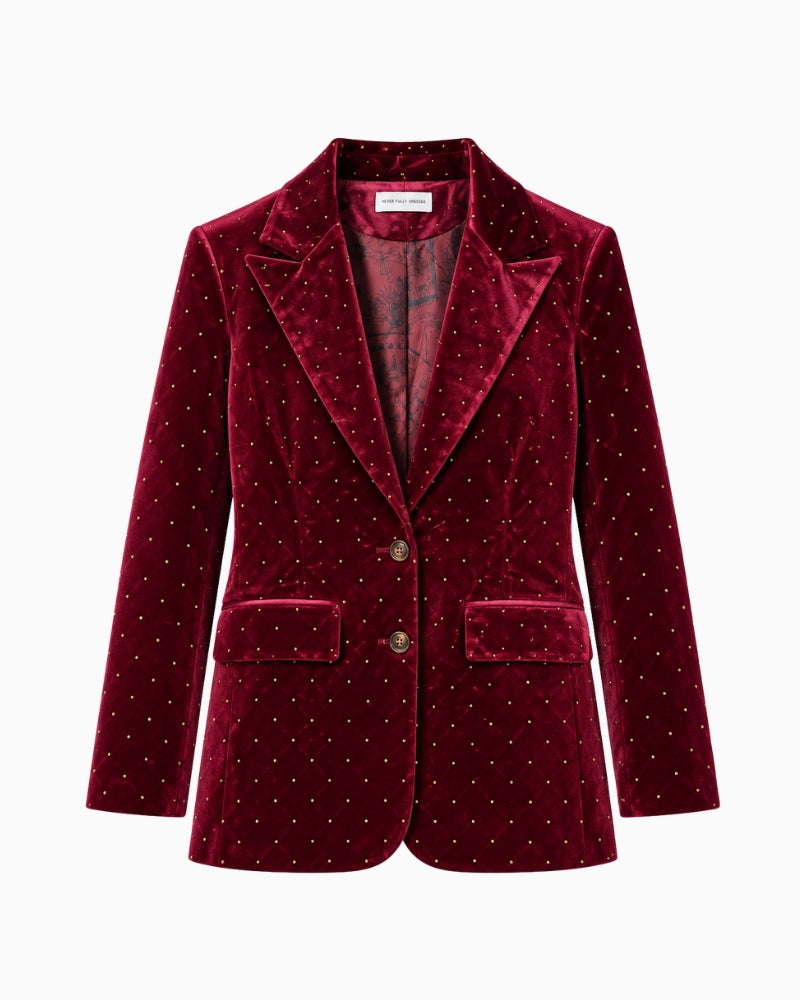 Never Fully Dressed Velvet Blazer in Burgundy front view showing gold-tone studs, lapels and button fastening