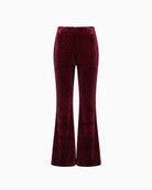 Never Fully Dressed Velvet Flared Trousers in Burgundy front view with sparkling stud detailing