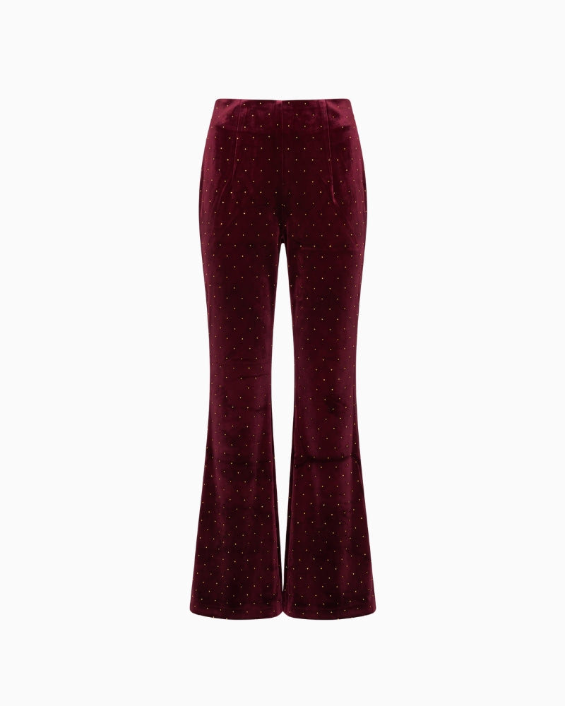 Never Fully Dressed Velvet Flared Trousers in Burgundy front view with sparkling stud detailing