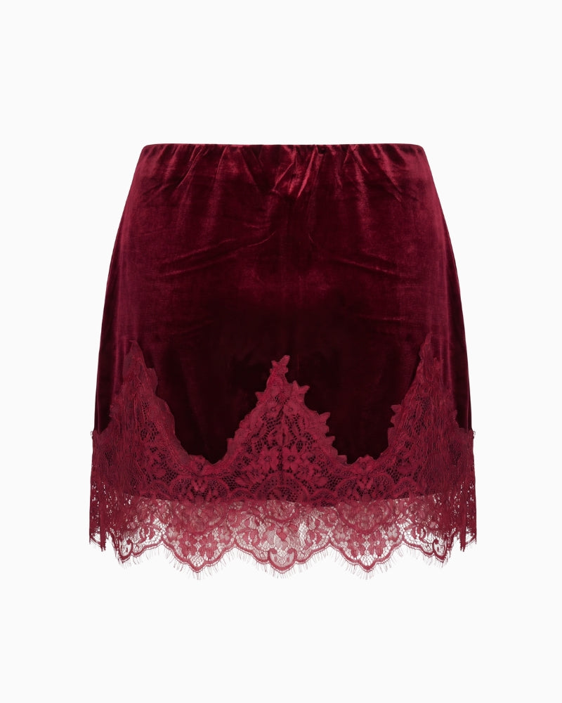 Never Fully Dressed Velvet Mini Maeva Skirt in Burgundy back view with scalloped lace trim