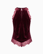 Never Fully Dressed Velvet Top in Burgundy back view showing keyhole opening, racerback cut and scalloped lace hem