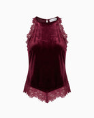 Never Fully Dressed Velvet Top in Burgundy front view showing high neckline, floral lace trim and pointed hem