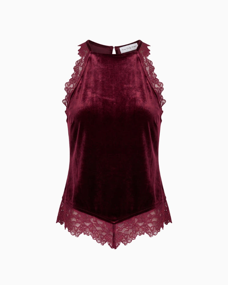 Never Fully Dressed Velvet Top in Burgundy front view showing high neckline, floral lace trim and pointed hem