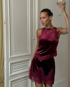 Never Fully Dressed Velvet Top in Burgundy styled view