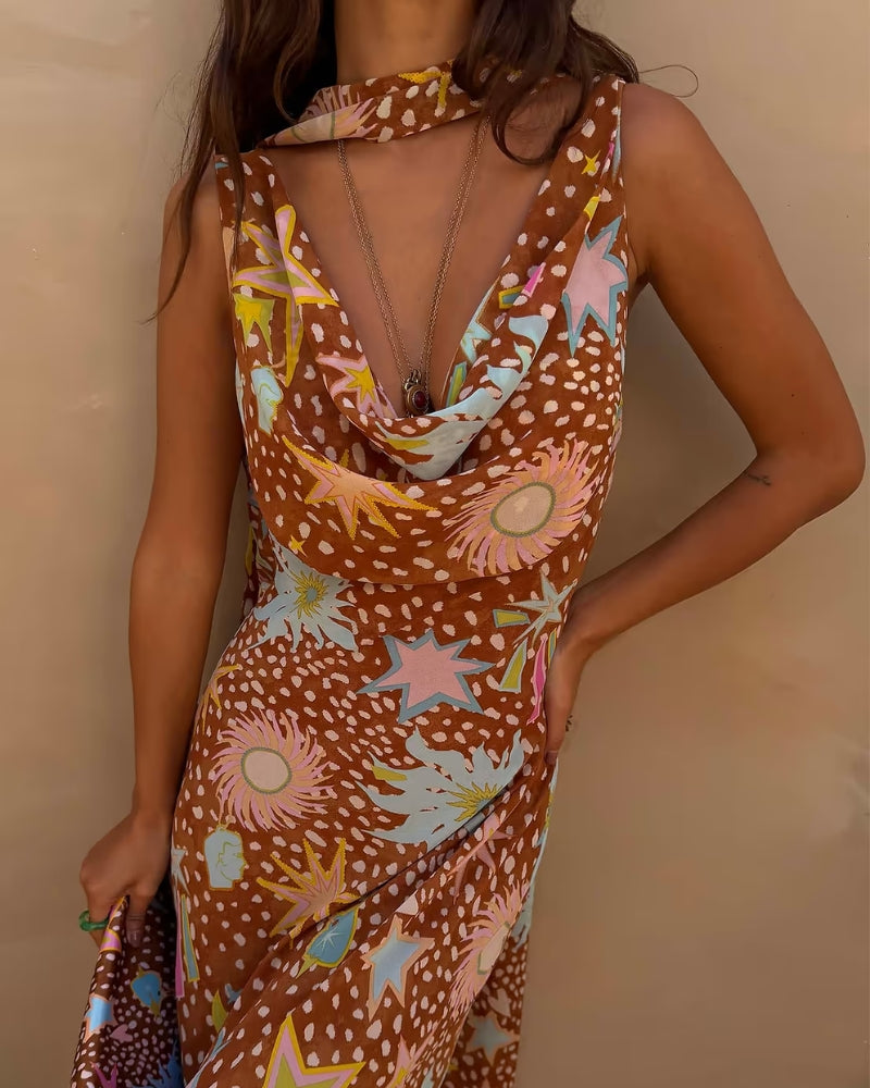 Never Fully Dressed brown fawn print dress draped front detail