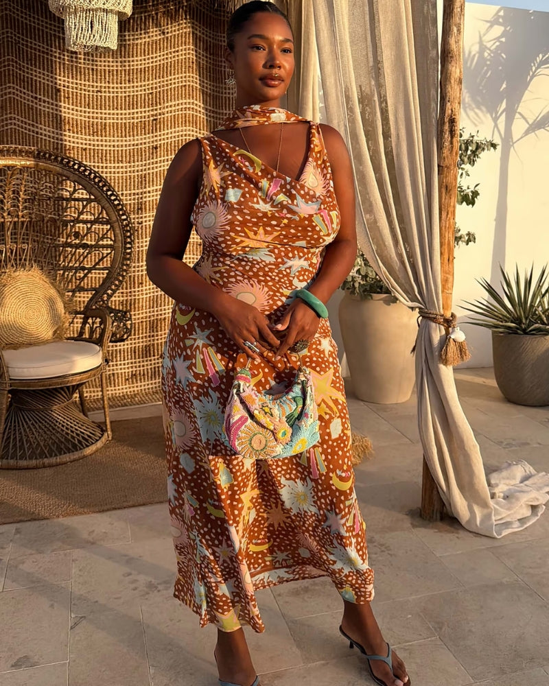 Never Fully Dressed brown printed dress scarf styling detail