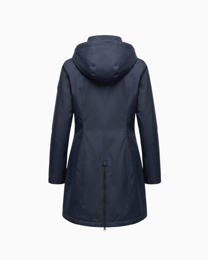 Normann Rain Coat in Blue back view with hood and rear zip detail