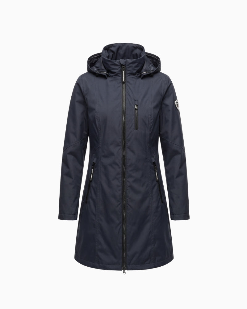 Normann Rain Coat in Blue front view with hood and black zip details
