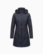 Normann Rain Coat in Blue front view with hood and black zip details