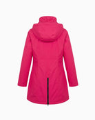 Normann Rain Coat in Raspberry back view with hood and rear zip detail