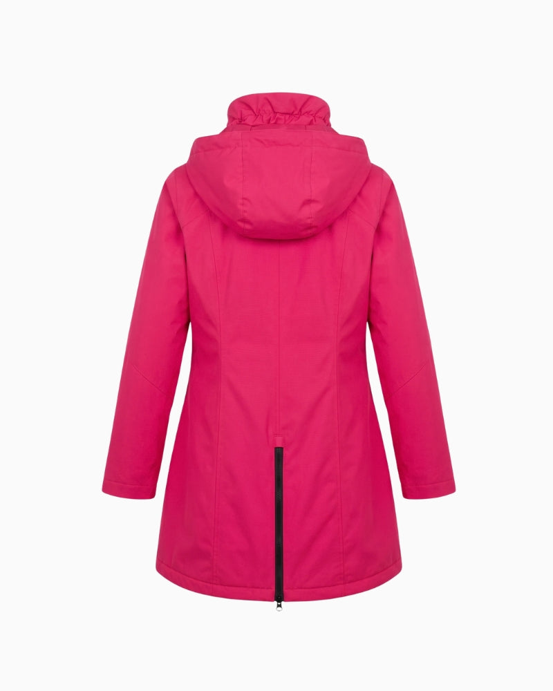 Normann Rain Coat in Raspberry back view with hood and rear zip detail