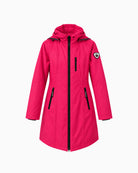 Normann Rain Coat in Raspberry front view with hood and black zip details