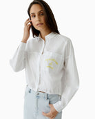 OUI Cotton Poplin Blouse in optic white hem drawstring detail