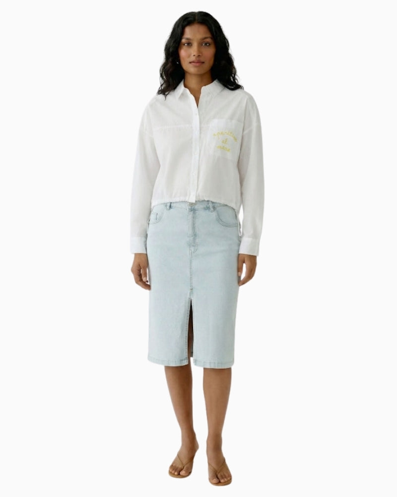 OUI Cotton Poplin Blouse in optic white model front view