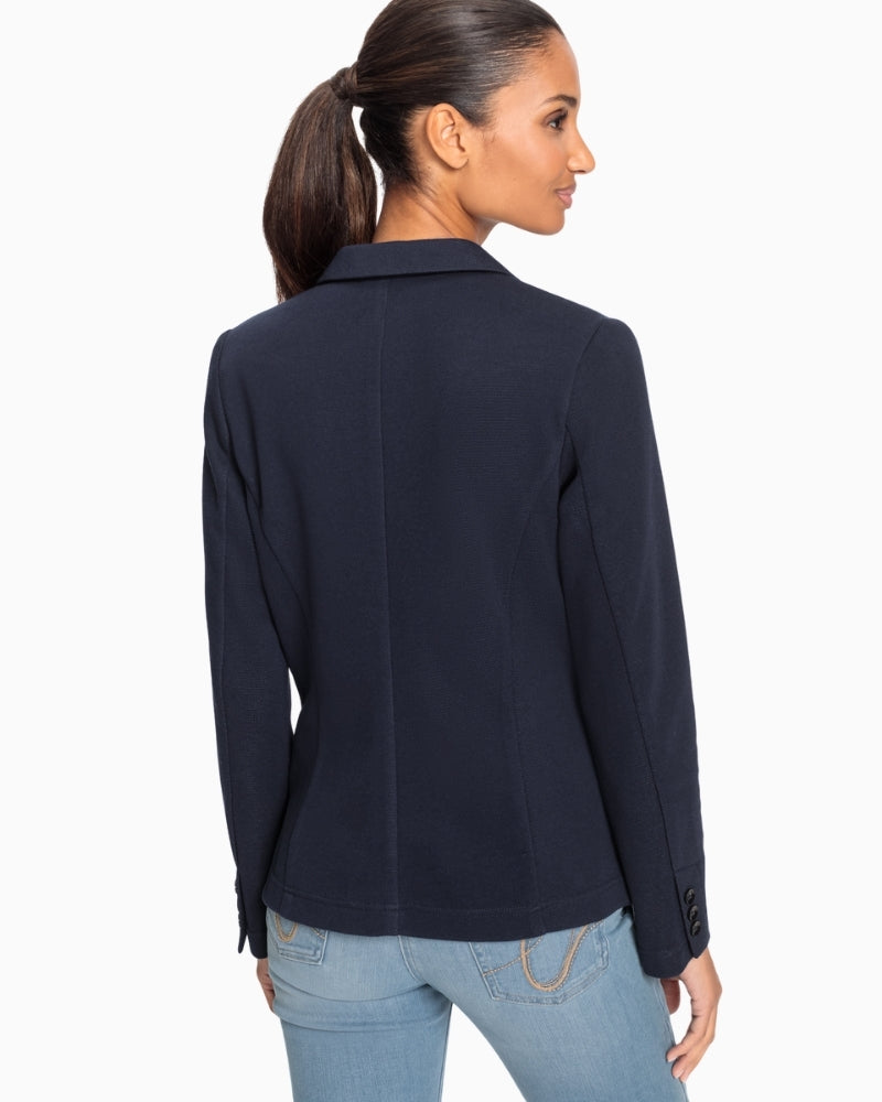 Olsen navy blazer back view worn by model – Áines Boutique