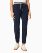 Woman wearing Olsen navy casual cropped trousers front view – Áines Boutique