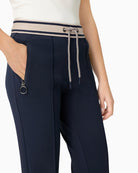 Close-up of Olsen navy cropped trousers waistband and pocket detail – Áines Boutique