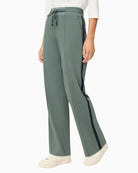 Olsen sage green casual long trousers front view laid flat – Áines Boutique
