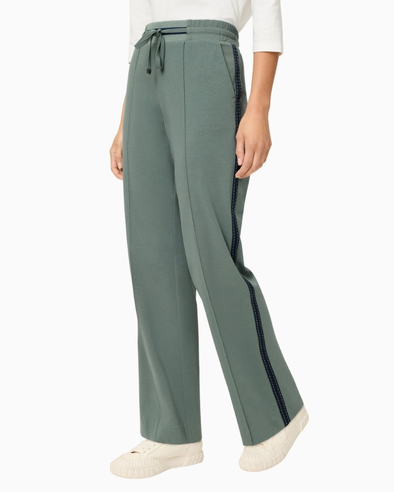 Olsen sage green casual long trousers front view laid flat – Áines Boutique