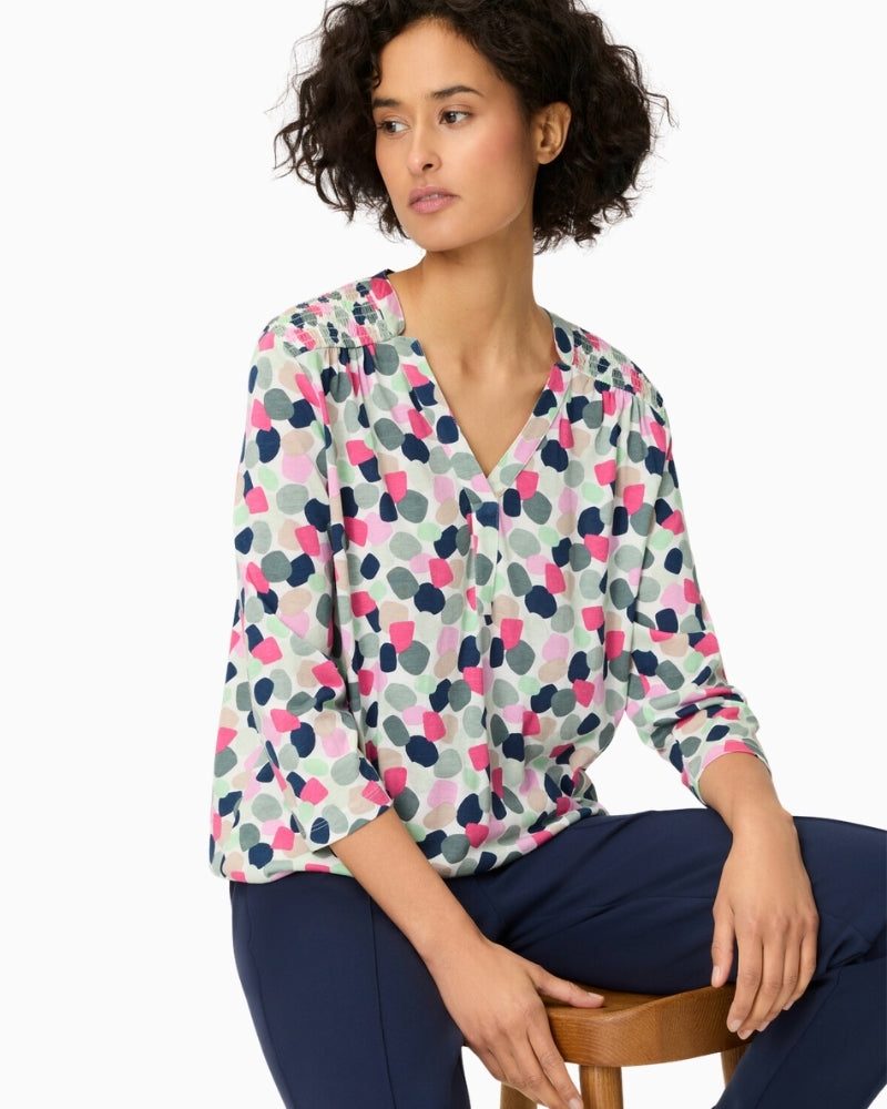 Olsen Clara print tunic top, woman wearing front view – Áines Boutique
