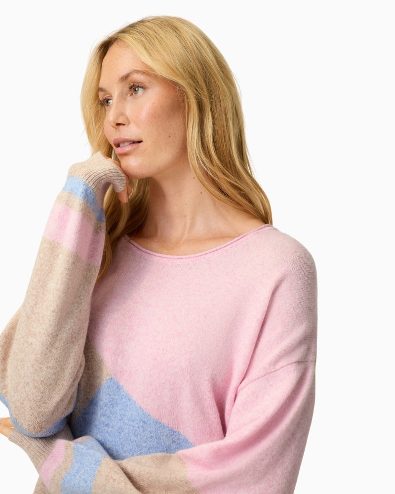 Woman wearing Olsen colour block knit pullover sleeve and neckline detail – Áines Boutique