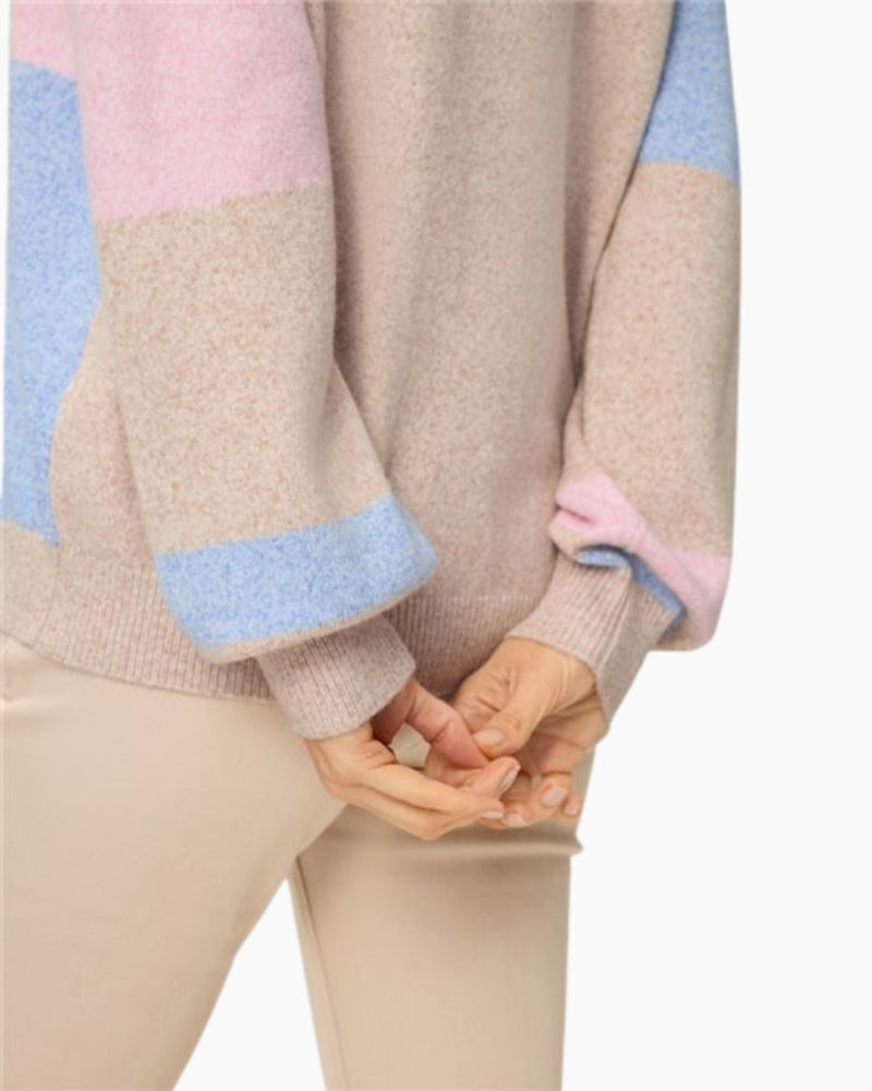 Woman wearing Olsen colour block knit pullover sleeve detail – Áines Boutique