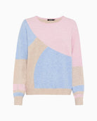 Woman wearing Olsen pink and blue colour block knit pullover front view – Áines Boutique