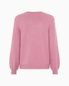 Back view of pink viscose blend pullover with crew neckline