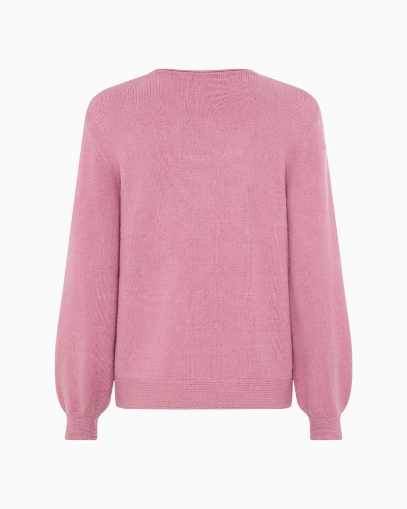 Back view of pink viscose blend pullover with crew neckline