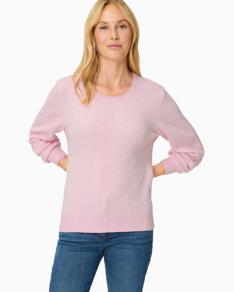 Woman wearing Olsen soft pink fine knit pullover front view – Áines Boutique