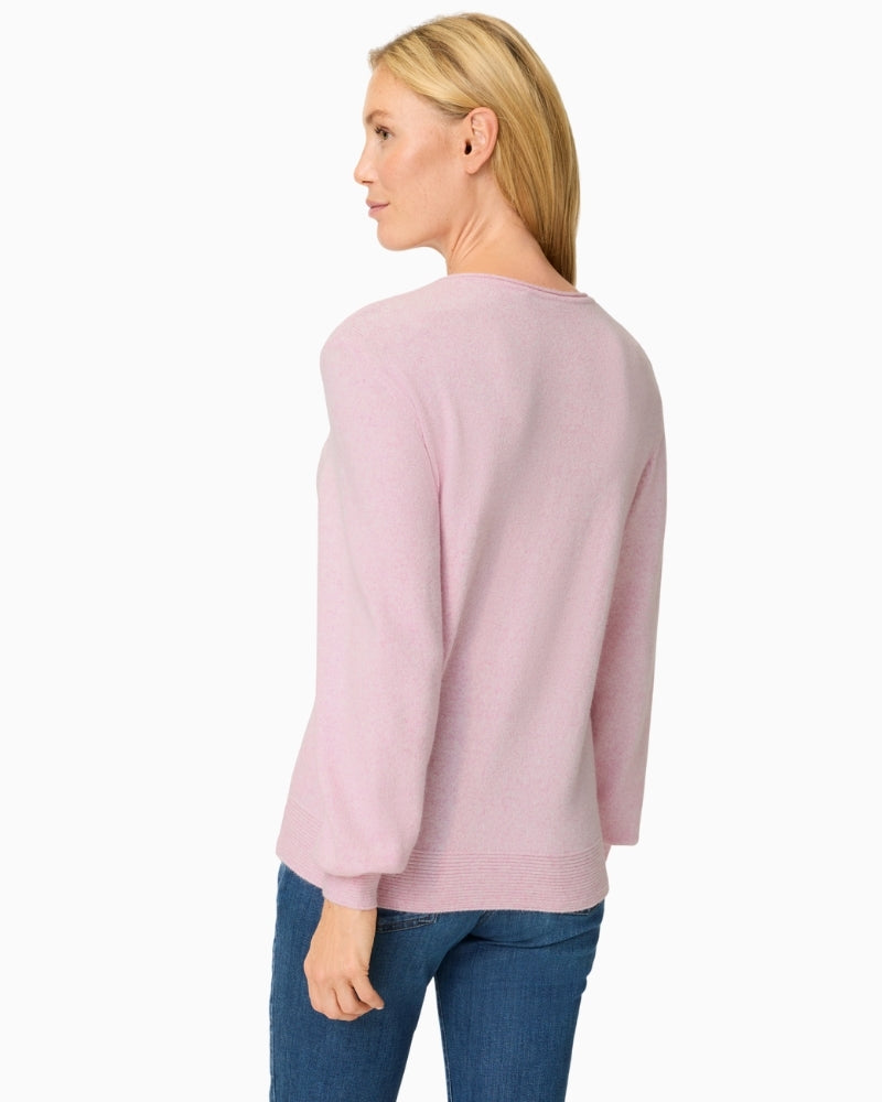 Woman wearing Olsen pink fine knit pullover side view – Áines Boutique
