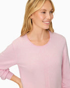 Woman wearing Olsen soft pink fine knit pullover neck detail view  – Áines Boutique