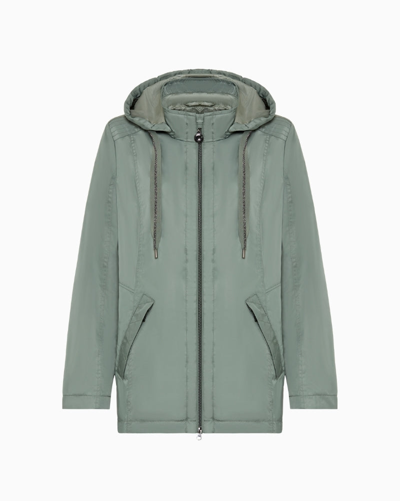 Olsen sage green hooded jacket front view laid flat – Áines Boutique