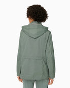 Olsen sage green hooded jacket back view showing hood – Áines Boutique