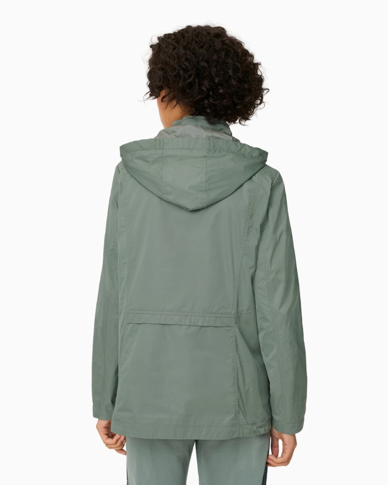 Olsen sage green hooded jacket back view showing hood – Áines Boutique